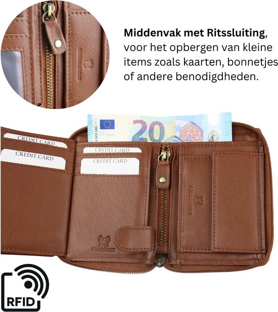 Bruine leren portemonnee, opengewerkt interieur met pasjesvakken en plek voor geld.