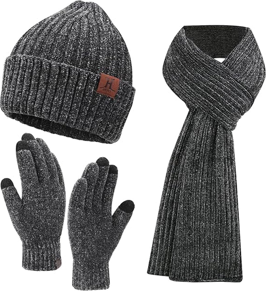 Warme winterset 3 stuks - Donkergrijs - Beanie muts, lange sjaal, touchscreen handschoenen - 3-delige set voor volwassenen - Black Friday 2023 - Kerstcadeau