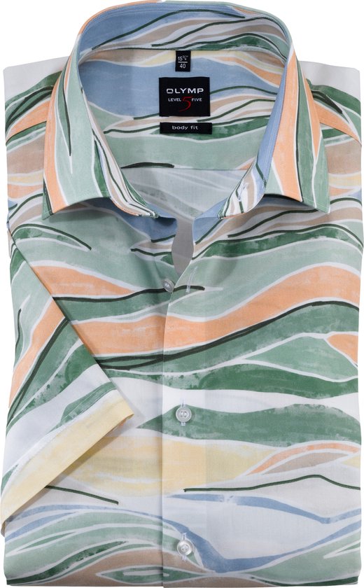 OLYMP Level 5 body fit overhemd - korte mouw - popeline - groen dessin - Strijkvriendelijk - Boordmaat: 42