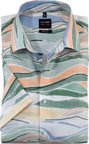 OLYMP Level 5 body fit overhemd - korte mouw - popeline - groen dessin - Strijkvriendelijk - Boordmaat: 40