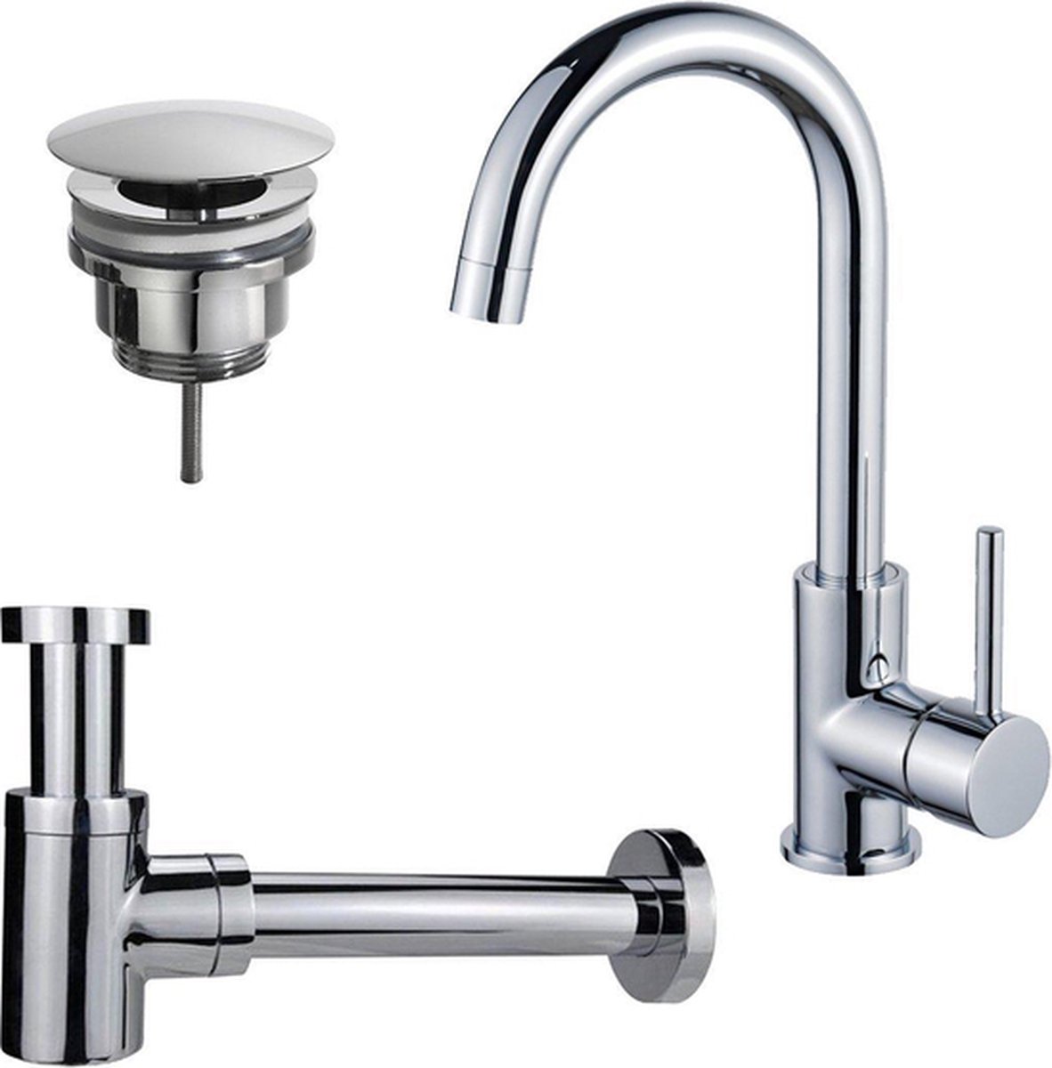 FortiFura Calvi Wastafelkraanset hoge wastafelkraan draaibare uitloop always open plug verlaagde design sifon Chroom