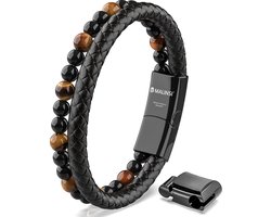Malinsi® Armband Heren - Kralensteen met Zwart Leer en RVS - 20 cm + 2 cm verlengstuk - Armbandje Mannen - Vaderdag Cadeau