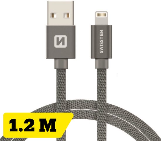 Swissten Lightning naar USB MFI Gecertificeerd kabel - 1.2M - Gevlochten kabel geschikt voor iPhone 7/8/X/11/12/13/14 - Grijs