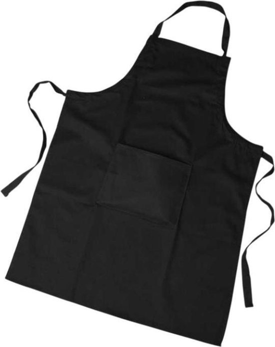 Tablier noir avec un plastron, une bande de cou et deux longs rubans à nouer. Une poche plaquée est présente sur le devant.