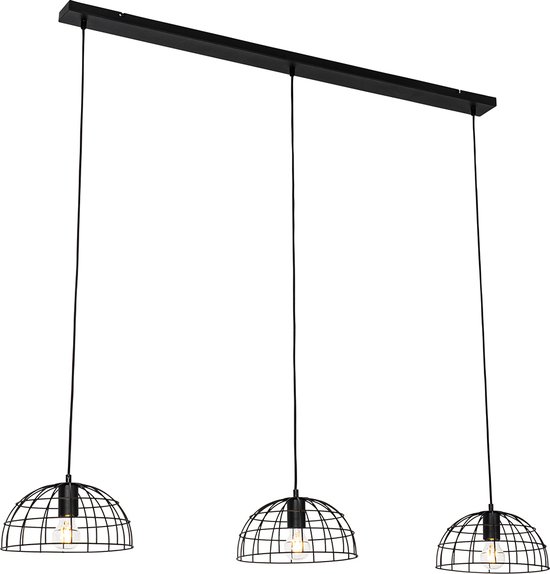 QAZQA hanze - Industriele Hanglamp eettafel voor boven de eettafel | in eetkamer - 3 lichts - L 138 cm - Zwart - Industrieel - Woonkamer | Slaapkamer | Keuken