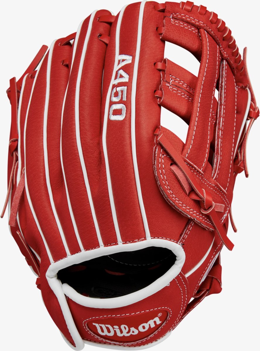 Wilson - A450 - Honkbalhandschoen - Jeugd - Leer - Quickfit - Rood - 11 inch