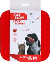 Eat Slow Live Longer Duo Likmat - 21 x 21 cm - Vierkant - Snuffelmat - Anti-schrok Mat - Slowfeeder - 100% Siliconen - Vaatwasserbestendig - Maat M - Rood