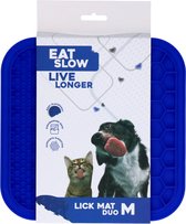 Eat Slow Live Longer Duo Likmat - 21 x 21 cm - Vierkant - Snuffelmat - Anti-schrok Mat - Slowfeeder - 100% Siliconen - Vaatwasserbestendig - Maat M - Blauw