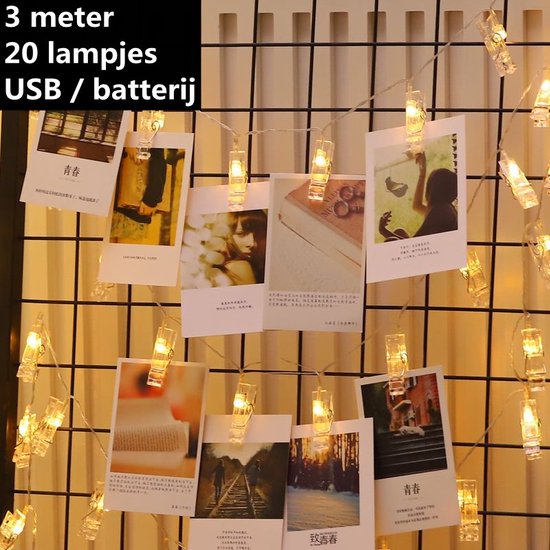 Fotoclip Lichtsnoer - 3 Meter - 20 Lampjes met Fotoclips, Batterij + USB-model voor Dubbel Gebruik