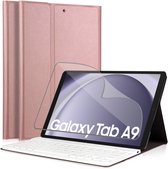 Hoes met Toetsenbord geschikt voor Samsung Tab A9 - Screen Protector FlexGuard - KeyGuard Book Case Cover Leer Roségoud & Screenprotector