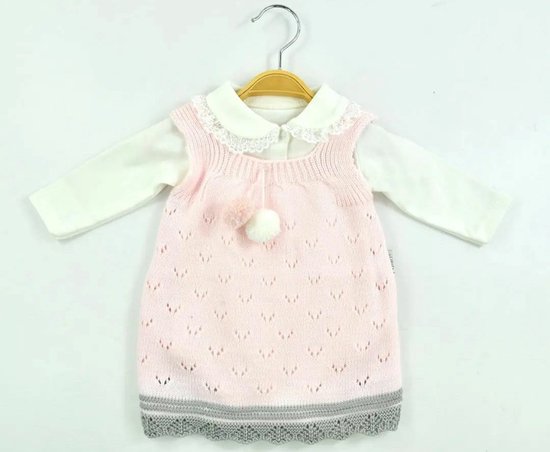 Baby jurk - Meisjes kleding - 2 delig - rose /wit van kleur - maat:62 - gilet jurk