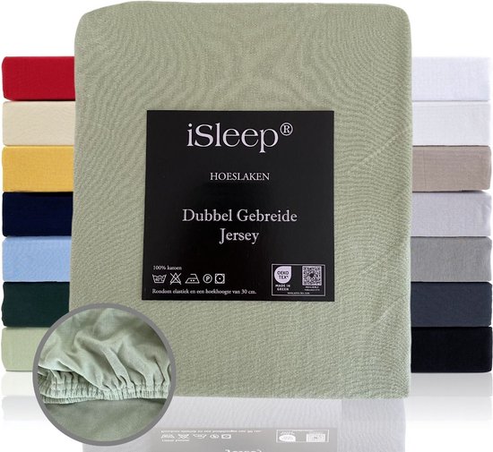 iSleep Dubbel Gebreide Jersey Hoeslaken - Hoge Hoek - Rondom Elastiek - Litsjumeaux - 160/180x200 cm - Licht Groen