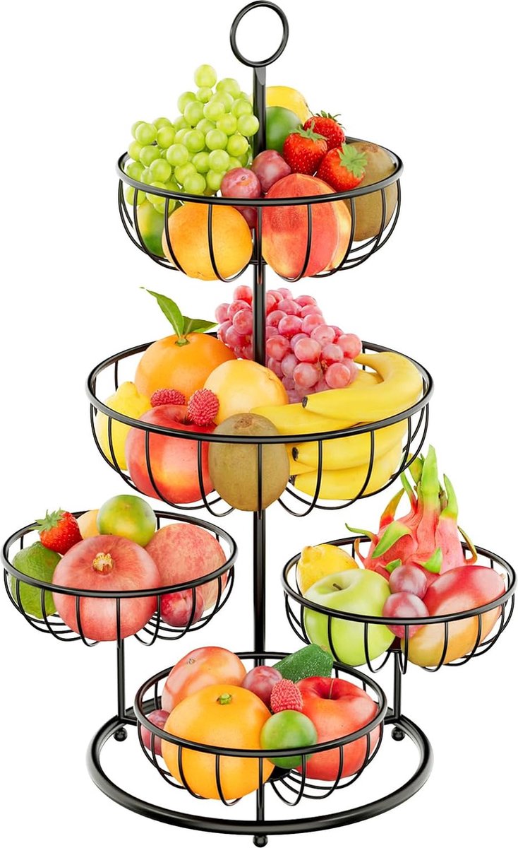 5-laags fruitmand fruittaartstandaard metalen fruitschaal fruittaartrek voor meer ruimte op het werkblad moderne fruitschaalorganizer fruitopslag voor broodsnacks groenten (zwart)