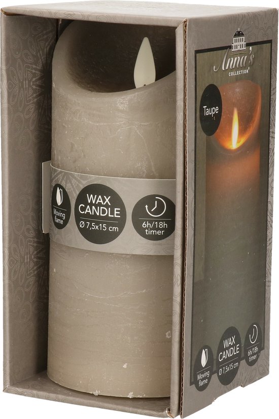 Batterijverlichting kaars wax rustiek bewegende vlam 7,5x15cm grijs 3xaaa/timer