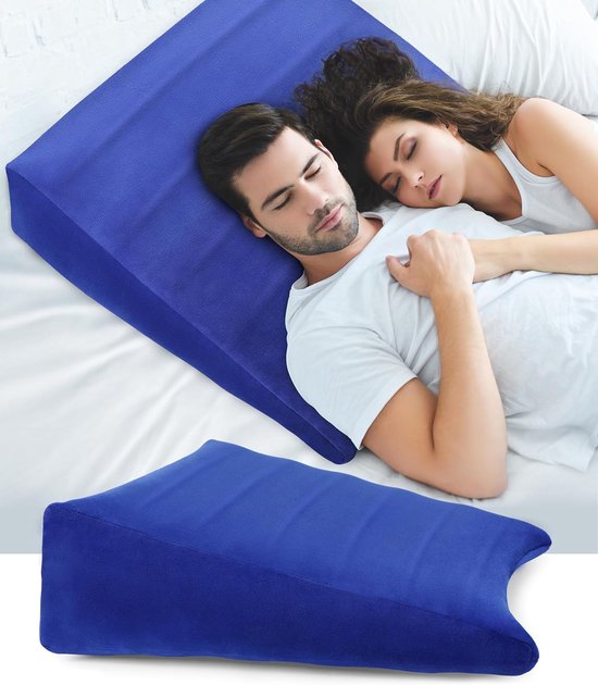 Wigkussen voor bed, refluxkussen, anti-snurk, orthopedische rugleuning, leeskussen, opblaasbare bedwig, driehoekig kussen voor comfortabel slapen, reizen, pijnverlichting (blauw)
