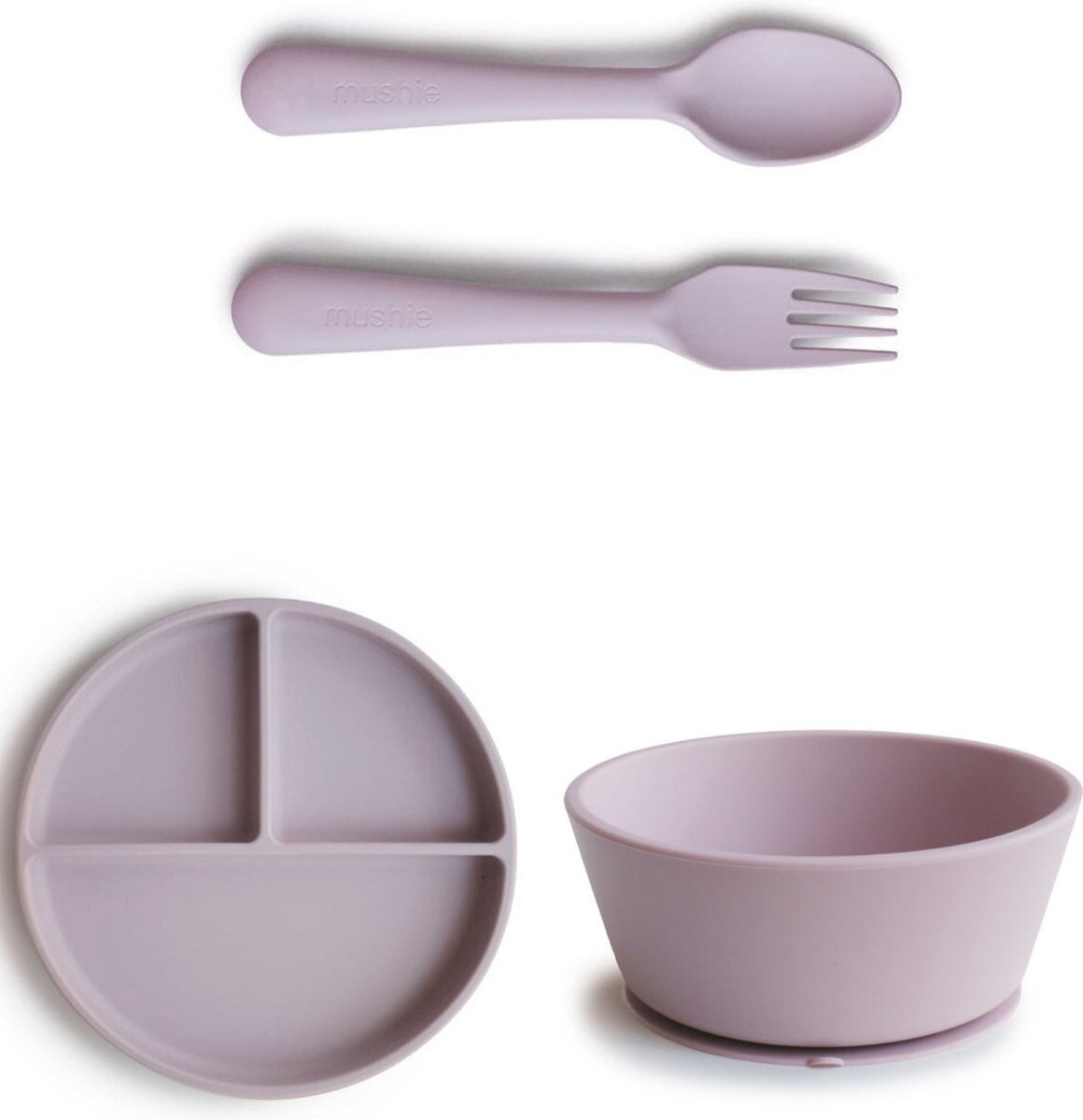 Mushie Silicone Suction Servies met bestek Soft Lilac