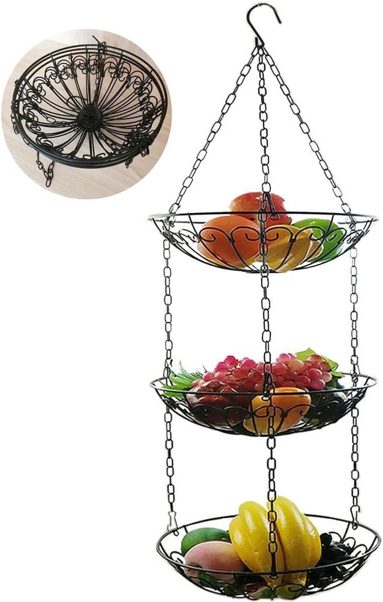 Drielaagse hangende fruitmand 130cm fruitschalen voor hangkeuken multifunctionele fruithangmand voor meer ruimte op uw werkblad (zwart)