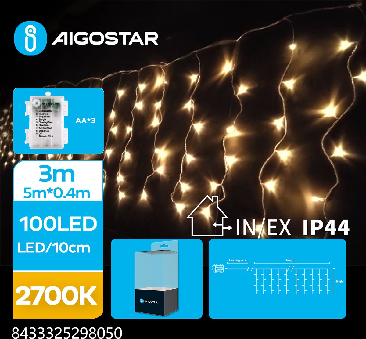Aigostar - LED Ijspegel lichtslinger - 100 LEDS - 2700K - Warm wit licht - 5 meter - IP44 - 3x AA batterij