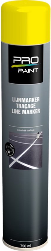 Gele spuitbus lijnmarker van Pro-Paint met tekst 'LIJNMARKER TRAÇAGE LINE MARKER' en een afbeelding van belijning.