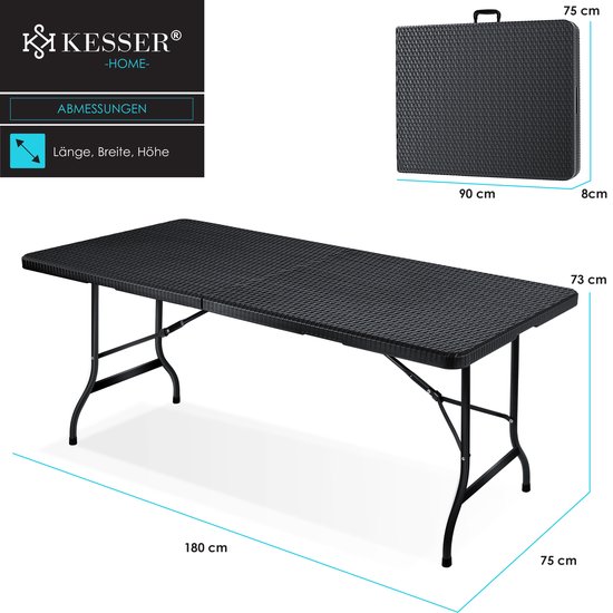 KESSER® Inklapbare Tafel 180x75x73cm Vouwtafel Kunststof - Campingtafel Klaptafel Geschikt voor 8 Personen voor Tuin, Terras en Balkon inclusief Draaggreep - Zwart van Merkloos — afbeelding 3