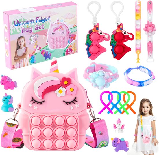 Cadeau voor meisjes van 3, 4, 5, 6, 7, 8, 9, 10 jaar, pop, speelgoed, meisjes, 2-10 jaar, popiet voor kinderen, voor meisjes, sensory tas, popcorn, eenhoorn, meisjes, 2-10 jaar, verjaardag, eenhoorn