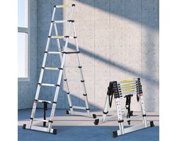 Telescopische Vouwladder – Telescopische Ladders Alu-A-Kader 2.0+2,3m – zilverachtig Met evenwichtsbalk