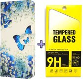 Casemania Hoesje Geschikt voor Samsung Galaxy S23 FE Blauwe Vlinder & Glazen Screenprotector - Portemonnee Book Case met Print