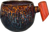 Tasse japonaise avec poignée en bois – Tasse en céramique de haute qualité pour café et thé – Tasse à thé vintage asiatique durable – Design rétro moderne (marron-bleu)