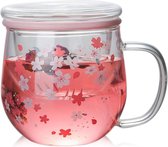 Glazen theekop van 300 ml met zeef en deksel, roze bloemmotief
