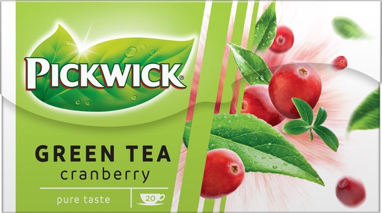 Pickwick Groene thee met cranberry. 20 theezakjes met pure smaak, rode bessen en groene blaadjes.