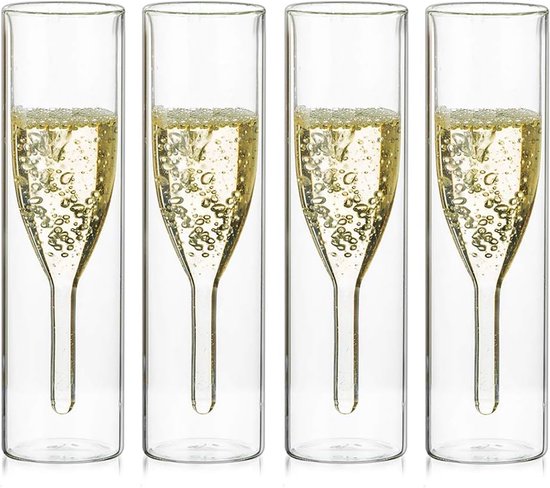 Stevige dubbelwandige champagneglazen kristallen glazen, klassiekers Tulpenbeker Stemloze helderglazen bekers, handgeblazen roosterglazen voor catering, bruiloften, feesten, bars, familiereünies (4)