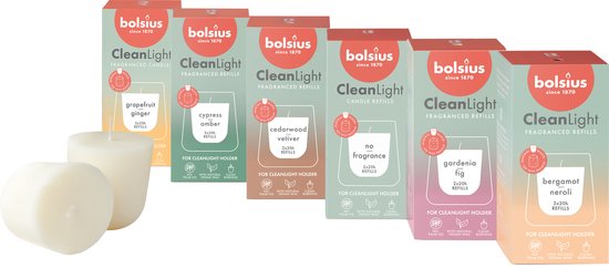 Bolsius - CleanLight Refill Set - 12 Gegeurde Navullingen - Diverse geuren - Navulbare Geurkaarsen