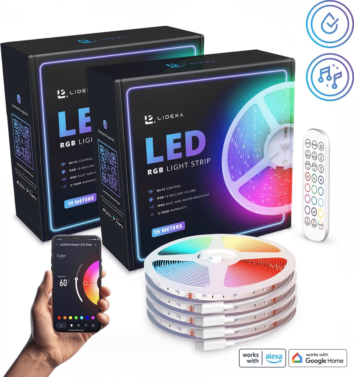 Lideka - LED Strip 30 (2x15) Meter RGB - met Afstandsbediening - Gaming Lichtstrip met App - LED-strips - Led Light Strip Verlichting - 660 LED Lights - Zelfklevend Led Licht - LIDEKA