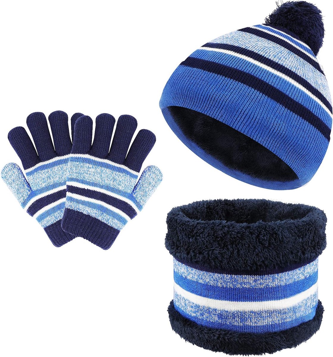 SHOP YOLO-Kindermuts 3 stuks-gebreide muts strepen fleece hoeden sjaals voor meisjes jongens 3-6 jaar-Blauw