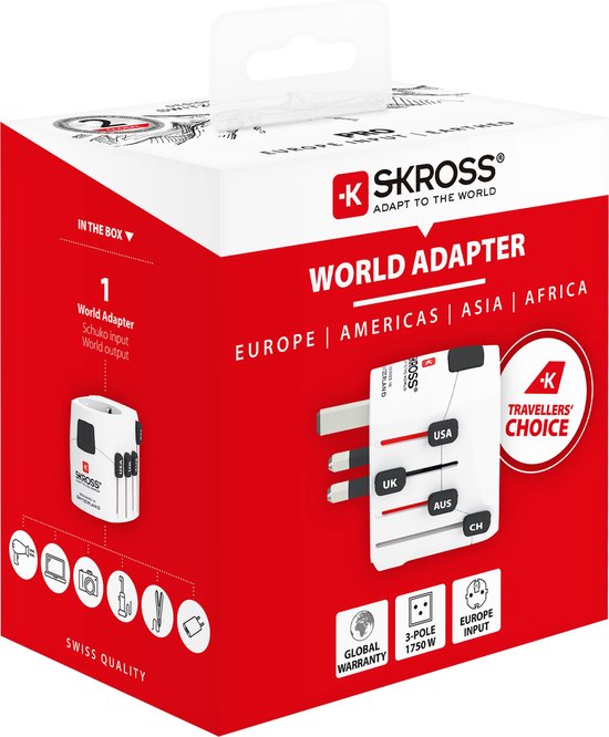 Doos van SKROSS wereldreisadapter met afbeelding van adapter en landen, 'Swiss Quality'.