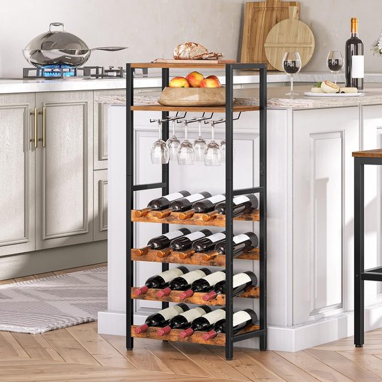 HOOBRO Wijnrek, flessenrek 10 flessen wijn, tafel-wijnhouder met gehard glas, vrijstaand wijnrek van metaal, voor bar, restaurant, keuken, goud EGD11JJ01