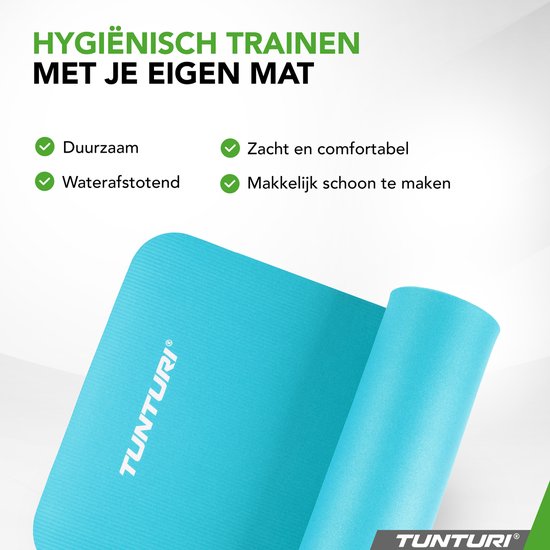 Tunturi NBR Yogamat Anti Slip - Fitnessmat Extra dik & zacht - Sportmat - 180x60x1.5cm - Incl Trainingsapp - Turquoise - Tunturi