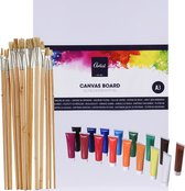 Complete hobby schilderij maken verf set - 2x canvas schildersdoeken van 40 x 30 cm - penselen set - 16 kleuren verf