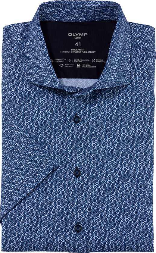 OLYMP Luxor 24/7 modern fit overhemd - korte mouw - Dynamic Flex - marineblauw dessin - Strijkvriendelijk - Boordmaat: 40