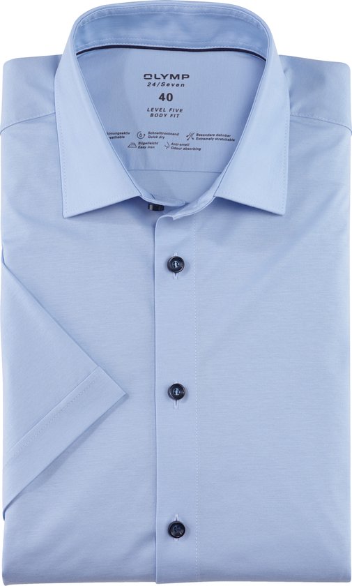 OLYMP 24/7 Level 5 body fit overhemd - korte mouw - structuur - lichtblauw - Strijkvriendelijk - Boordmaat: 40