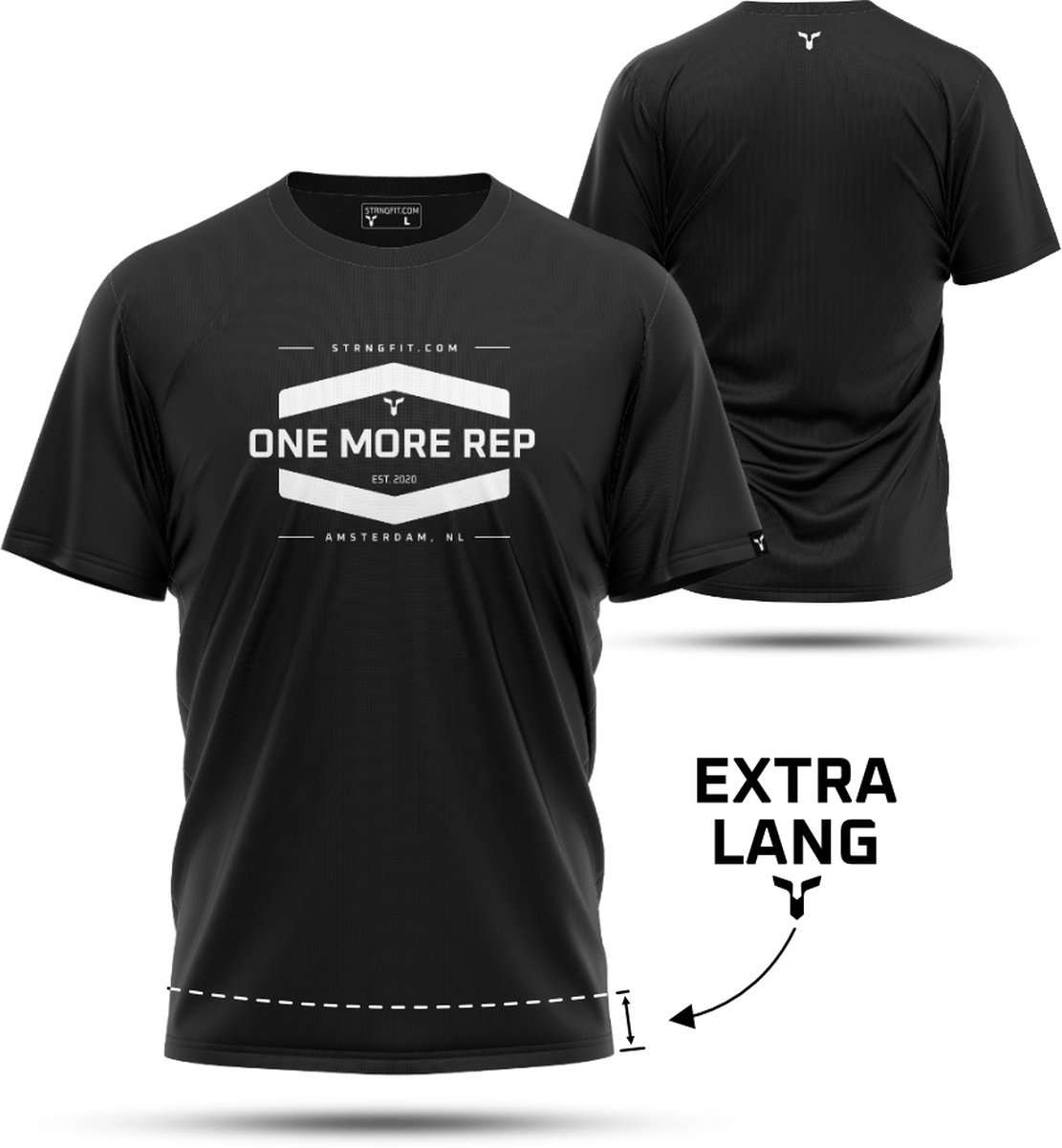 STRNG One more rep - Zwart - Maat M - Extra Lang Sport shirt - Sportshirt - Heren - Korte Mouw - Lange Pasvorm