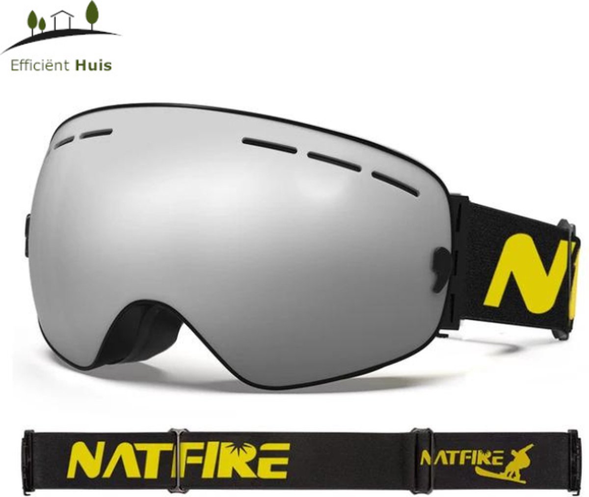Natfire - Ultieme Skibril - Zilver - UV-bescherming - Geschikt voor brildragers - Anti-Mist - Ventilatie - UV400