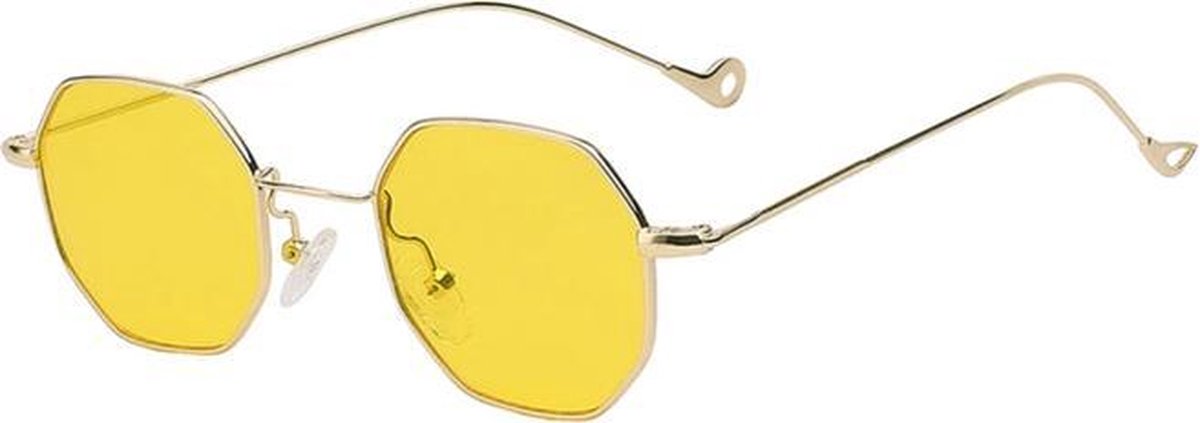KIMU Bril Octagonal - Goud Montuur - Gele Achthoekige Glazen - Nachtbril Autorijden Wintersport - Gouden Brilletje Geel Retro Vintage Achthoekig Carnaval