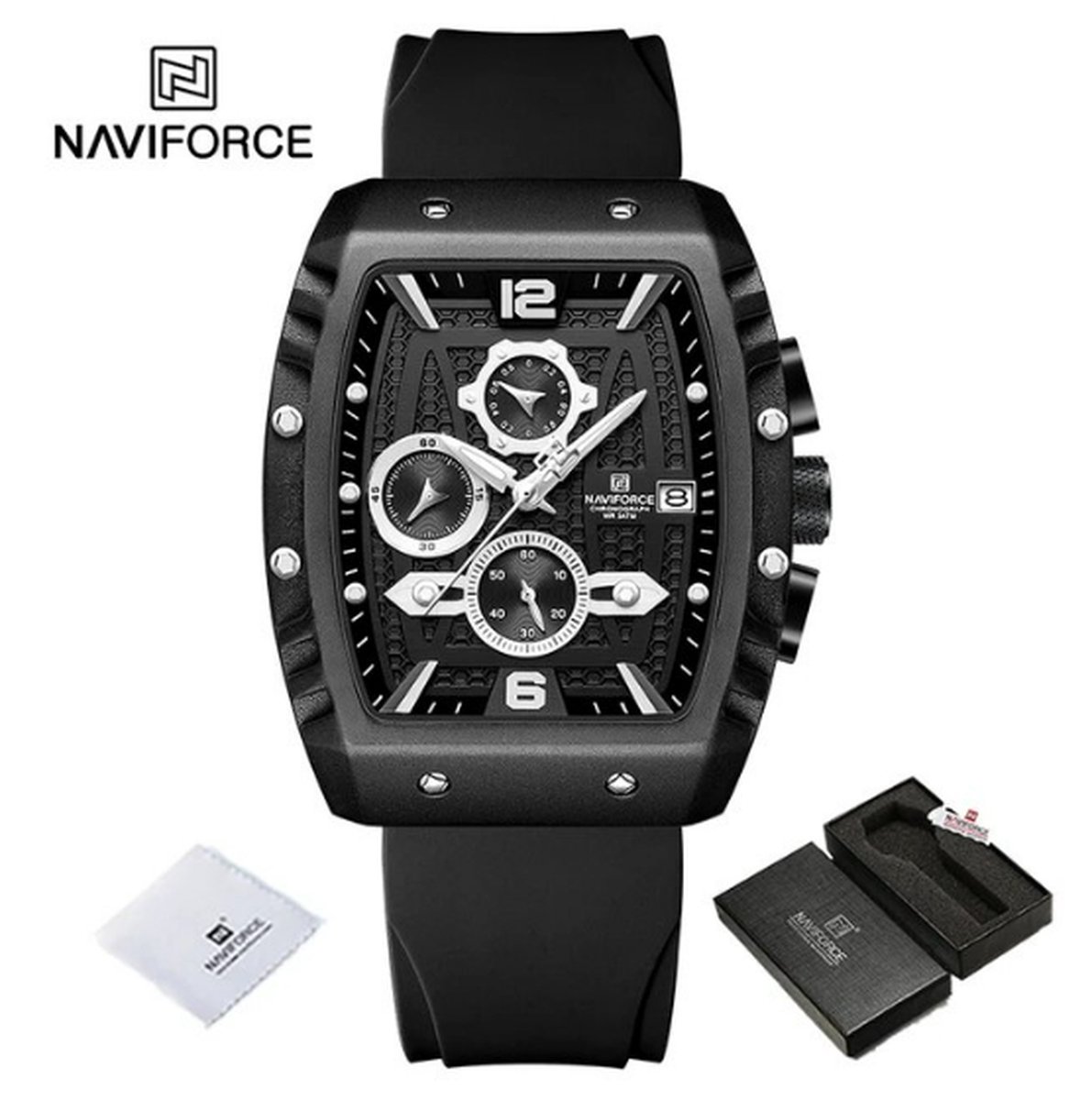 NAVIFORCE 8025 Horloge voor mannen - Zwart - Siliconen Band - Verpakt in mooie geschenkdoos - Zwarte uurwerkkast - Batterij inclusief