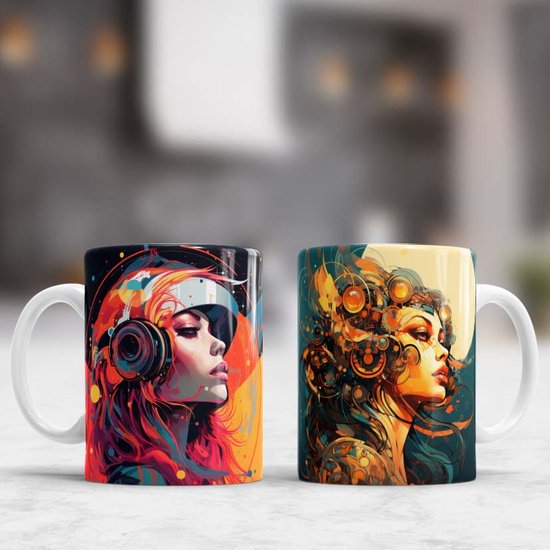 Mug Lady - Gift- Cadeau - Tennis - Femmes - Football - Motorcycle Illustration - ArtOfTheDay - DigitalArt - Illustration - KunstVanDeDag - DigitaleKunst
