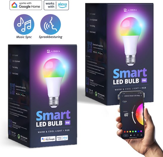 Lideka® - Set van 2 Geavanceerde E27 9W LED Smart Lampen - RGBW - App-Bestuurbaar - Lichttemperatuur van 2700K tot 6500K - Intelligente LED Verlichting - Dimfunctie - Compatibel met Google & Alexa