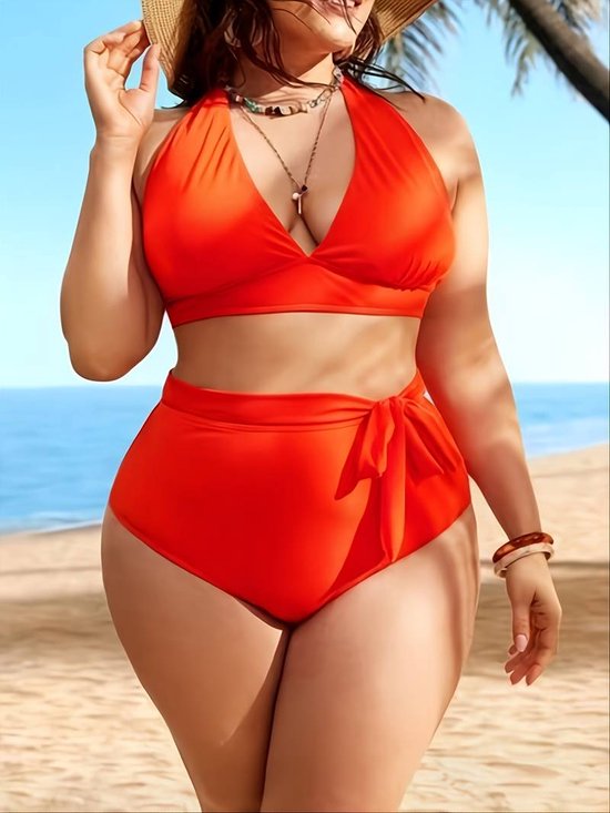 Grote maten effen haltertop bikini set met zijstrikt slipje- 2-delige zwempak set voor dames- Badpak Zwemkleding Strandkleding 007- Oranje- Maat XXL