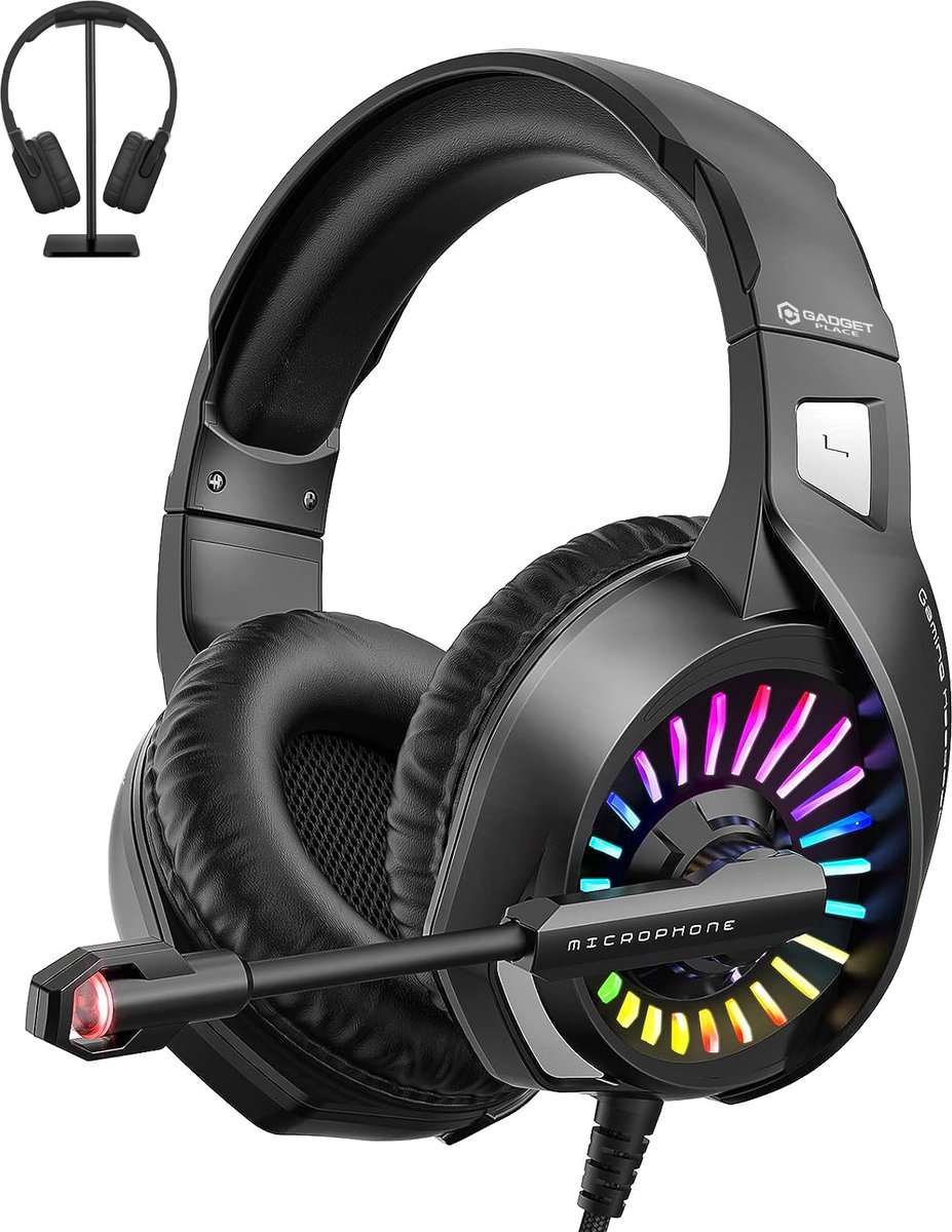 Gadgetplace Gaming Headset met Microfoon - Inclusief Koptelefoon Houder - LED Koptelefoon met Draad - RGB Gaming Headset