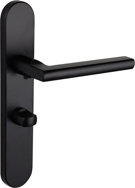 Zwarte deurklink met afgerond schild, model Teramo, met WC-slotgat