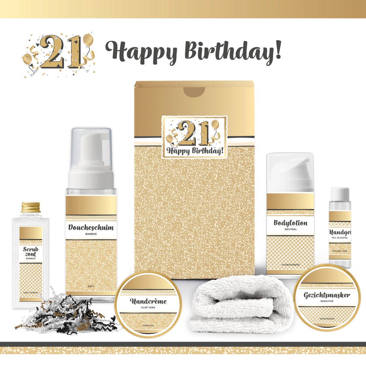 Goedkoopste Geschenkset “21 Jaar Happy Birthday!” - 7 producten - 650 gram | Giftset voor haar - Luxe wellness cadeaubox - Cadeau vrouw - Gefeliciteerd - Set Verjaardag - Geschenk jarige - Cadeaupakket - Vriendin - Zus - Verjaardagscadeau - Goud - 21 Dinner